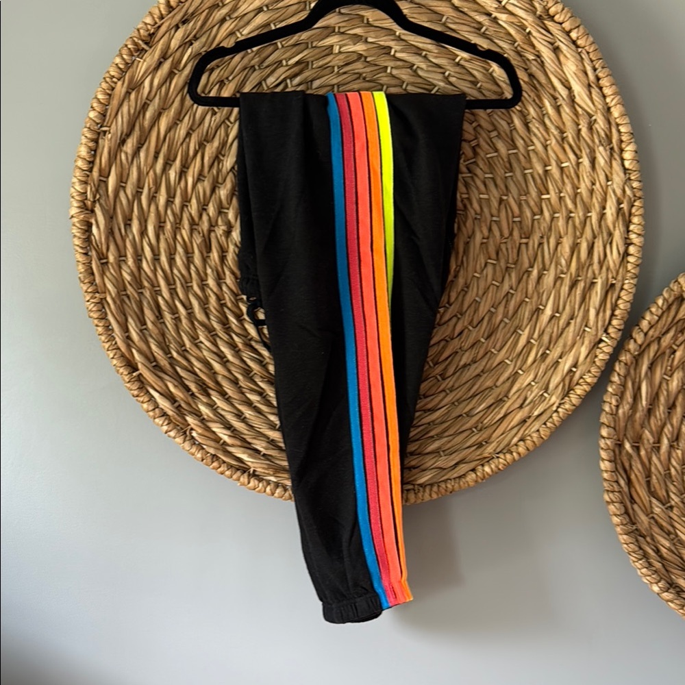 Aviator Nation Black Joggers with Neon Rainbow Stripes